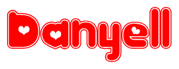 The image is a clipart featuring the word Danyell written in a stylized font with a heart shape replacing inserted into the center of each letter. The color scheme of the text and hearts is red with a light outline.