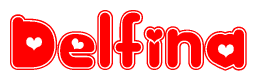 The image is a clipart featuring the word Delfina written in a stylized font with a heart shape replacing inserted into the center of each letter. The color scheme of the text and hearts is red with a light outline.