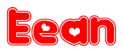 The image is a red and white graphic with the word Eean written in a decorative script. Each letter in  is contained within its own outlined bubble-like shape. Inside each letter, there is a white heart symbol.