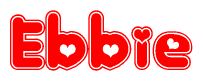 The image is a clipart featuring the word Ebbie written in a stylized font with a heart shape replacing inserted into the center of each letter. The color scheme of the text and hearts is red with a light outline.