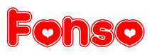 The image is a red and white graphic with the word Fonso written in a decorative script. Each letter in  is contained within its own outlined bubble-like shape. Inside each letter, there is a white heart symbol.