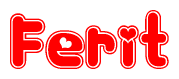 The image is a red and white graphic with the word Ferit written in a decorative script. Each letter in  is contained within its own outlined bubble-like shape. Inside each letter, there is a white heart symbol.