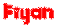 The image is a red and white graphic with the word Fiyan written in a decorative script. Each letter in  is contained within its own outlined bubble-like shape. Inside each letter, there is a white heart symbol.