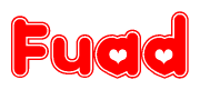 The image is a red and white graphic with the word Fuad written in a decorative script. Each letter in  is contained within its own outlined bubble-like shape. Inside each letter, there is a white heart symbol.