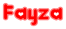 The image is a red and white graphic with the word Fayza written in a decorative script. Each letter in  is contained within its own outlined bubble-like shape. Inside each letter, there is a white heart symbol.