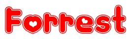 The image is a red and white graphic with the word Forrest written in a decorative script. Each letter in  is contained within its own outlined bubble-like shape. Inside each letter, there is a white heart symbol.