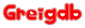 The image displays the word Greigdb written in a stylized red font with hearts inside the letters.