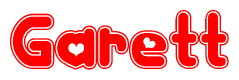 The image is a red and white graphic with the word Garett written in a decorative script. Each letter in  is contained within its own outlined bubble-like shape. Inside each letter, there is a white heart symbol.