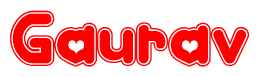 The image is a red and white graphic with the word Gaurav written in a decorative script. Each letter in  is contained within its own outlined bubble-like shape. Inside each letter, there is a white heart symbol.
