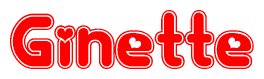 The image is a red and white graphic with the word Ginette written in a decorative script. Each letter in  is contained within its own outlined bubble-like shape. Inside each letter, there is a white heart symbol.