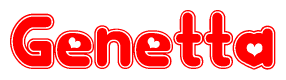 The image is a clipart featuring the word Genetta written in a stylized font with a heart shape replacing inserted into the center of each letter. The color scheme of the text and hearts is red with a light outline.