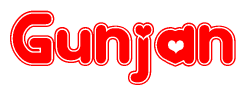 The image is a red and white graphic with the word Gunjan written in a decorative script. Each letter in  is contained within its own outlined bubble-like shape. Inside each letter, there is a white heart symbol.