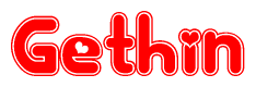 The image is a red and white graphic with the word Gethin written in a decorative script. Each letter in  is contained within its own outlined bubble-like shape. Inside each letter, there is a white heart symbol.