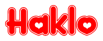 The image is a red and white graphic with the word Haklo written in a decorative script. Each letter in  is contained within its own outlined bubble-like shape. Inside each letter, there is a white heart symbol.