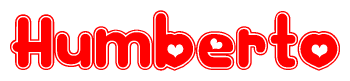The image is a red and white graphic with the word Humberto written in a decorative script. Each letter in  is contained within its own outlined bubble-like shape. Inside each letter, there is a white heart symbol.