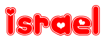 The image is a clipart featuring the word Israel written in a stylized font with a heart shape replacing inserted into the center of each letter. The color scheme of the text and hearts is red with a light outline.