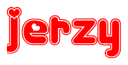 The image is a red and white graphic with the word Jerzy written in a decorative script. Each letter in  is contained within its own outlined bubble-like shape. Inside each letter, there is a white heart symbol.
