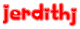 The image is a clipart featuring the word Jerdithj written in a stylized font with a heart shape replacing inserted into the center of each letter. The color scheme of the text and hearts is red with a light outline.