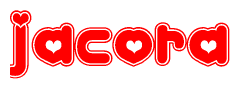 The image is a clipart featuring the word Jacora written in a stylized font with a heart shape replacing inserted into the center of each letter. The color scheme of the text and hearts is red with a light outline.