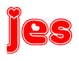 The image is a red and white graphic with the word Jes written in a decorative script. Each letter in  is contained within its own outlined bubble-like shape. Inside each letter, there is a white heart symbol.