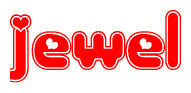 The image is a red and white graphic with the word Jewel written in a decorative script. Each letter in  is contained within its own outlined bubble-like shape. Inside each letter, there is a white heart symbol.