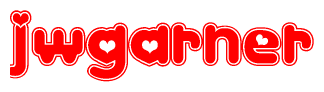 The image is a red and white graphic with the word Jwgarner written in a decorative script. Each letter in  is contained within its own outlined bubble-like shape. Inside each letter, there is a white heart symbol.