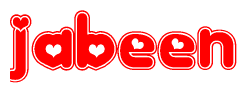 The image is a clipart featuring the word Jabeen written in a stylized font with a heart shape replacing inserted into the center of each letter. The color scheme of the text and hearts is red with a light outline.