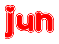 The image is a red and white graphic with the word Jun written in a decorative script. Each letter in  is contained within its own outlined bubble-like shape. Inside each letter, there is a white heart symbol.