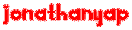 The image is a clipart featuring the word Jonathanyap written in a stylized font with a heart shape replacing inserted into the center of each letter. The color scheme of the text and hearts is red with a light outline.