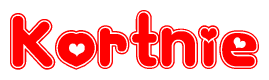 The image is a red and white graphic with the word Kortnie written in a decorative script. Each letter in  is contained within its own outlined bubble-like shape. Inside each letter, there is a white heart symbol.
