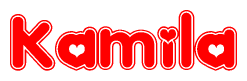 The image is a clipart featuring the word Kamila written in a stylized font with a heart shape replacing inserted into the center of each letter. The color scheme of the text and hearts is red with a light outline.