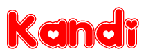The image is a red and white graphic with the word Kandi written in a decorative script. Each letter in  is contained within its own outlined bubble-like shape. Inside each letter, there is a white heart symbol.