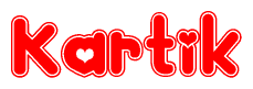 The image is a clipart featuring the word Kartik written in a stylized font with a heart shape replacing inserted into the center of each letter. The color scheme of the text and hearts is red with a light outline.