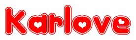 The image is a clipart featuring the word Karlove written in a stylized font with a heart shape replacing inserted into the center of each letter. The color scheme of the text and hearts is red with a light outline.