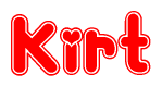 The image is a clipart featuring the word Kirt written in a stylized font with a heart shape replacing inserted into the center of each letter. The color scheme of the text and hearts is red with a light outline.