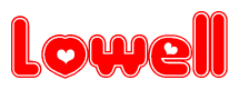 The image is a red and white graphic with the word Lowell written in a decorative script. Each letter in  is contained within its own outlined bubble-like shape. Inside each letter, there is a white heart symbol.