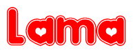 The image displays the word Lama written in a stylized red font with hearts inside the letters.