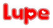 The image is a clipart featuring the word Lupe written in a stylized font with a heart shape replacing inserted into the center of each letter. The color scheme of the text and hearts is red with a light outline.