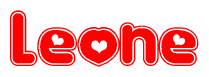 The image is a clipart featuring the word Leone written in a stylized font with a heart shape replacing inserted into the center of each letter. The color scheme of the text and hearts is red with a light outline.
