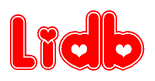 The image is a red and white graphic with the word Lidb written in a decorative script. Each letter in  is contained within its own outlined bubble-like shape. Inside each letter, there is a white heart symbol.