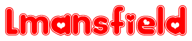 The image is a red and white graphic with the word Lmansfield written in a decorative script. Each letter in  is contained within its own outlined bubble-like shape. Inside each letter, there is a white heart symbol.