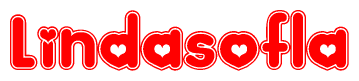 The image is a red and white graphic with the word Lindasofla written in a decorative script. Each letter in  is contained within its own outlined bubble-like shape. Inside each letter, there is a white heart symbol.
