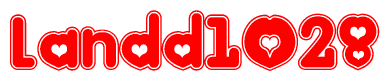 The image is a red and white graphic with the word Landd1028 written in a decorative script. Each letter in  is contained within its own outlined bubble-like shape. Inside each letter, there is a white heart symbol.