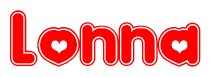The image is a clipart featuring the word Lonna written in a stylized font with a heart shape replacing inserted into the center of each letter. The color scheme of the text and hearts is red with a light outline.