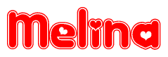 The image is a red and white graphic with the word Melina written in a decorative script. Each letter in  is contained within its own outlined bubble-like shape. Inside each letter, there is a white heart symbol.