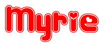 The image is a red and white graphic with the word Myrie written in a decorative script. Each letter in  is contained within its own outlined bubble-like shape. Inside each letter, there is a white heart symbol.
