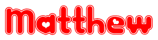 The image is a red and white graphic with the word Matthew written in a decorative script. Each letter in  is contained within its own outlined bubble-like shape. Inside each letter, there is a white heart symbol.