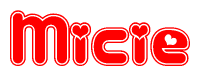 The image is a clipart featuring the word Micie written in a stylized font with a heart shape replacing inserted into the center of each letter. The color scheme of the text and hearts is red with a light outline.