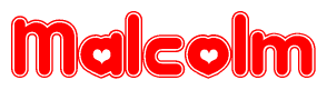 The image is a clipart featuring the word Malcolm written in a stylized font with a heart shape replacing inserted into the center of each letter. The color scheme of the text and hearts is red with a light outline.