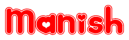 The image is a clipart featuring the word Manish written in a stylized font with a heart shape replacing inserted into the center of each letter. The color scheme of the text and hearts is red with a light outline.